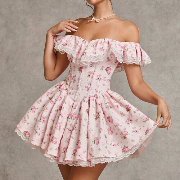 Pink Boho Women's Ditsy Floral Off-Shoulder Ruffled Lace Patchwork Mini Dress - Picture 7 of 7